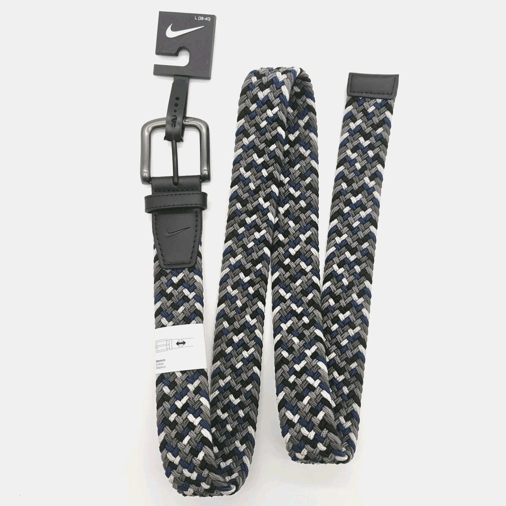 Nike Braided Stretch Belt Men's Large 38-40 Gray Blue White Woven Golf NWT - Picture 1 of 12